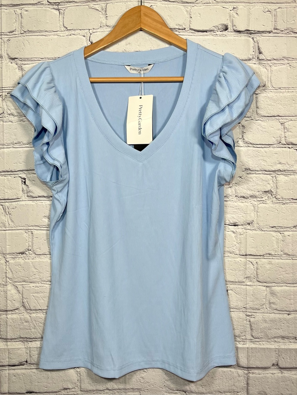 Pretty Garden Ribbed Cap Ruffle Sleeve Top Blouse Womens Size XL Blue NWT